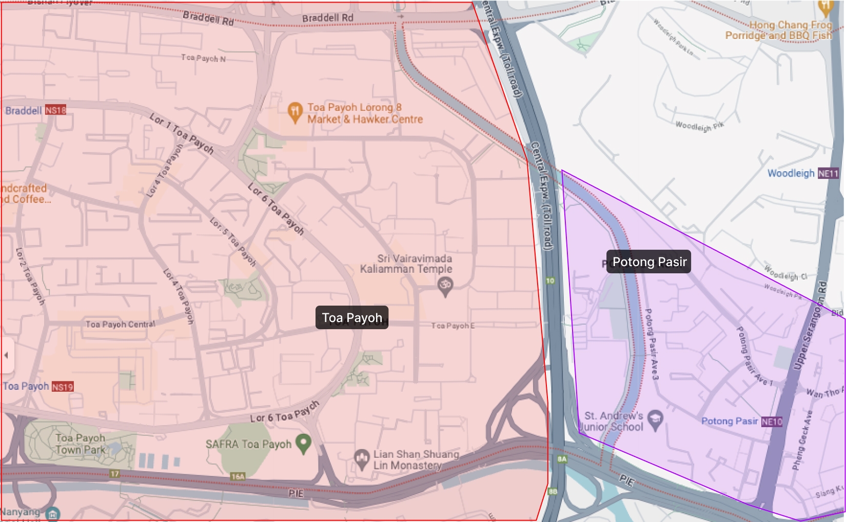 Map of Toa Payoh and Potong Pasir