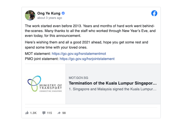 Ong Ye Kung announcing on Facebook the termination of KL-Singapore HSR